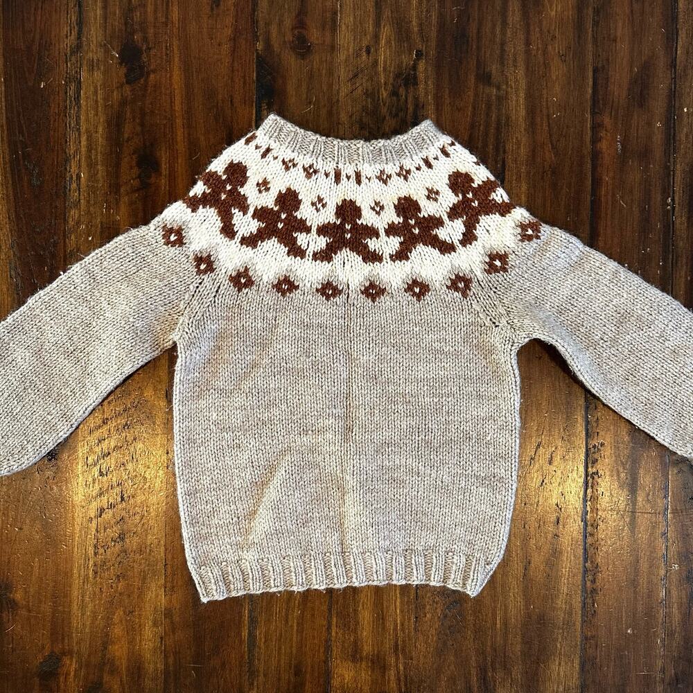 Vintage 70s handmade gingerbread man print oatmeal wool fair isle sweater 7-8
